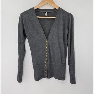 Color Story Womens Charcoal Grey V-Neck Button Front Ribbed Cardigan Size Small